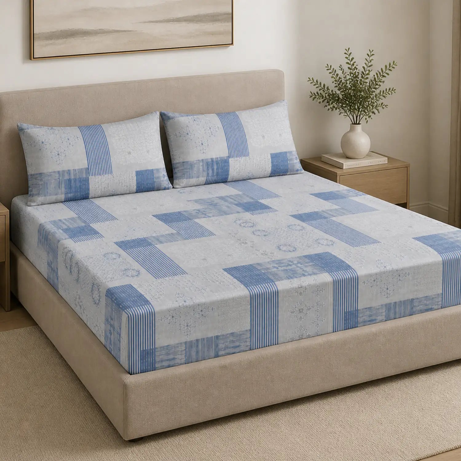 Nivra Blue Geometric Printed Double Bedsheet with 2 Pillow Covers – Contemporary Checkered Design