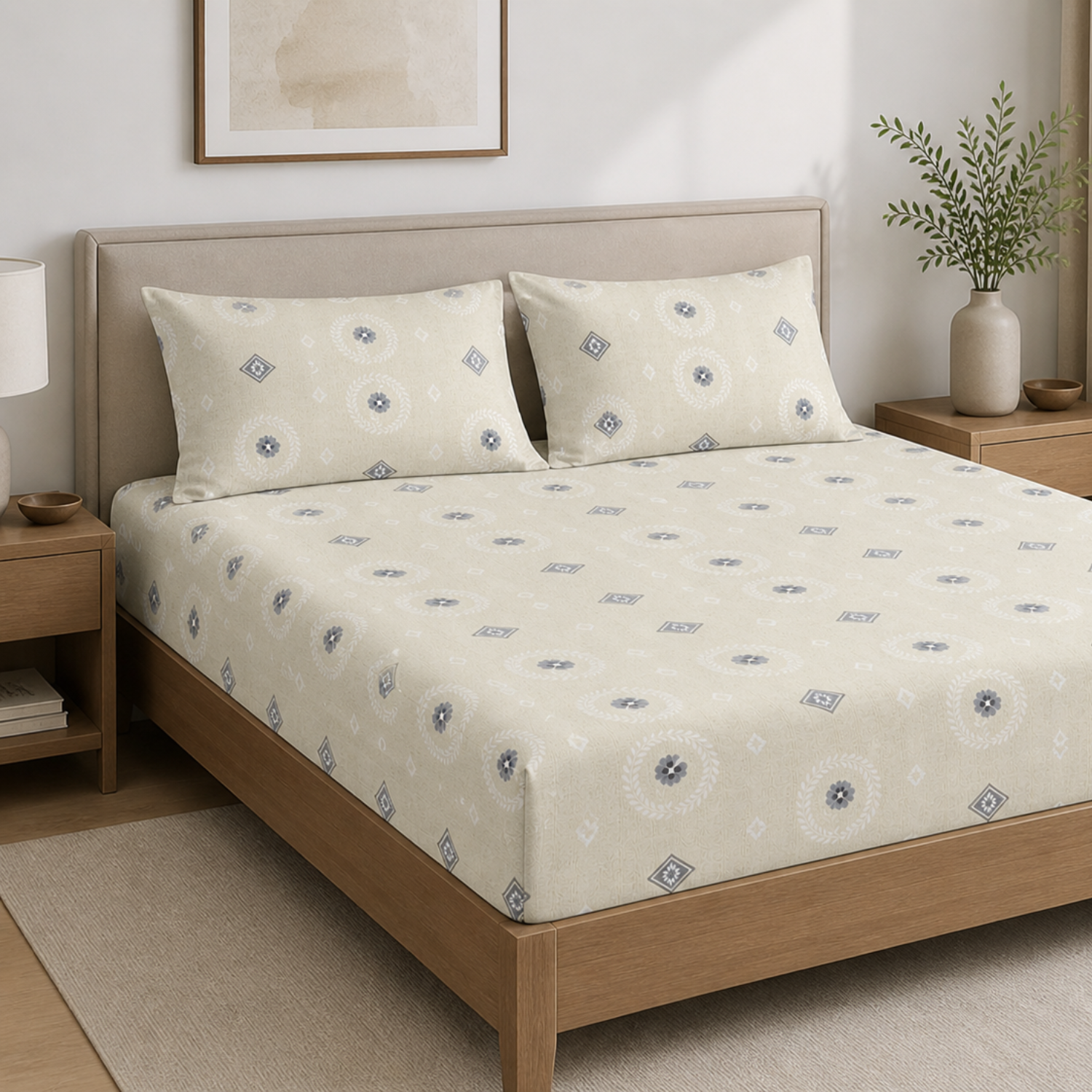 Komfy Elegant Beige Floral Printed Double Bedsheet with Pillow Covers