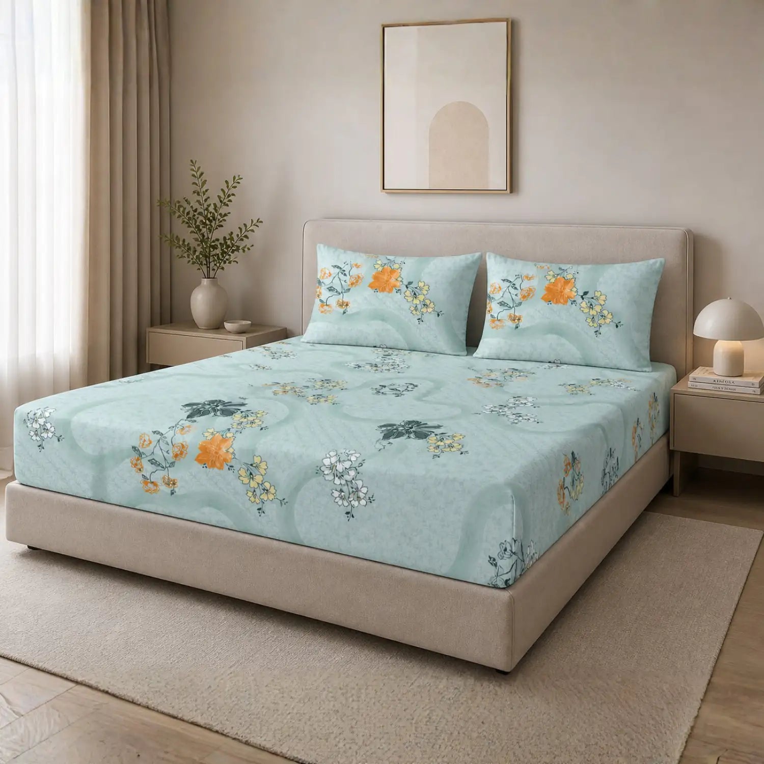 Nivra Mint Green Floral Printed 100% Cotton Double Bedsheet with 2 Pillow Covers