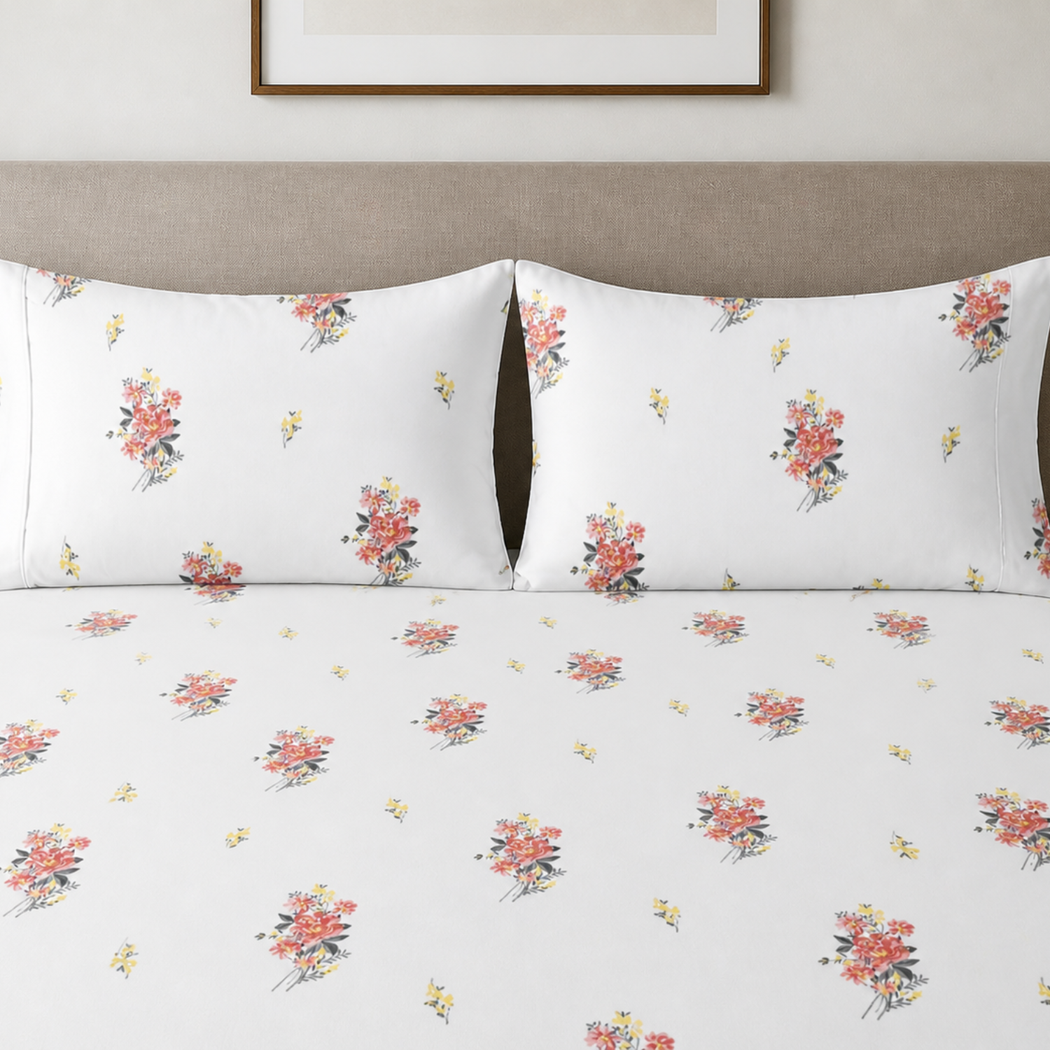 Sukoon Floral Printed Double Bedsheet with 2 Pillow Covers – Soft & Elegant White Base Design
