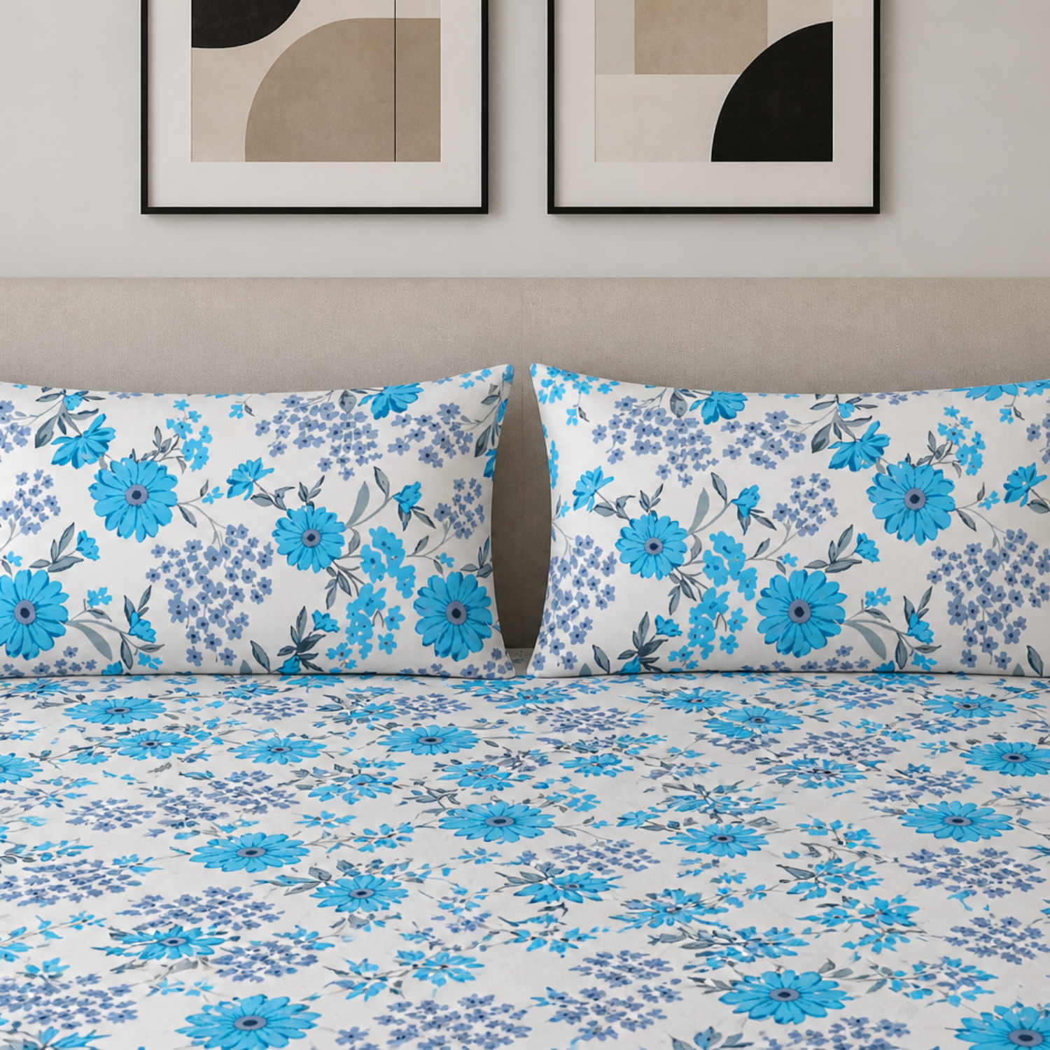 Sukoon Blue Floral Printed Double Bedsheet with 2 Pillow Covers