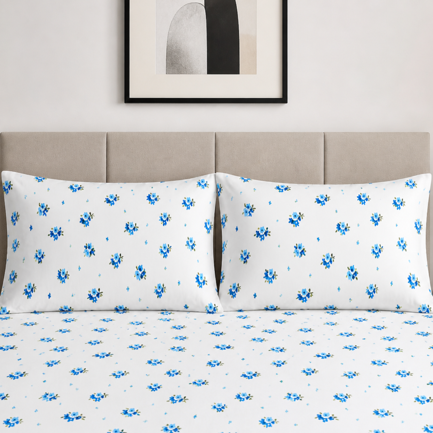 Sukoon Blue Floral Printed Double Bedsheet with 2 Pillow Covers