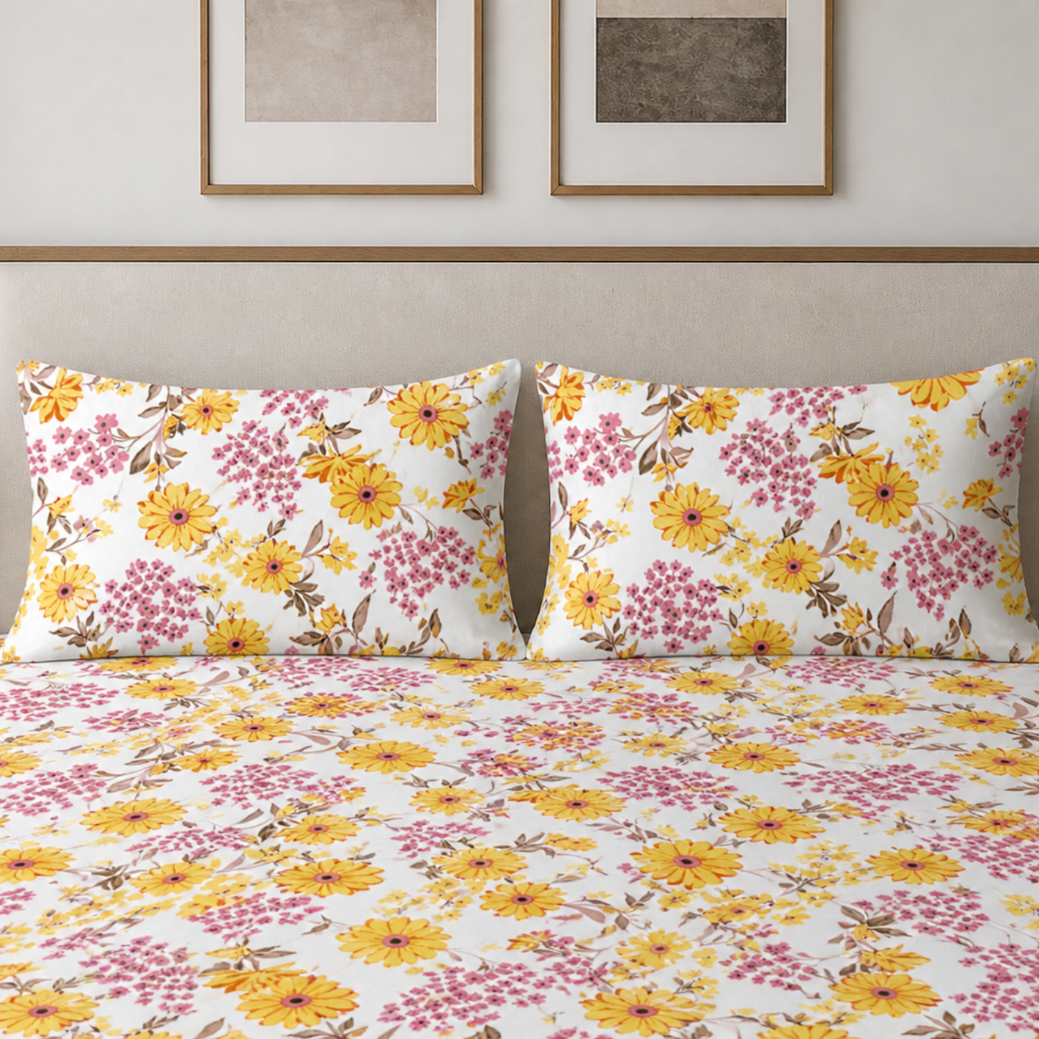 Sukoon Yellow Floral Printed Double Bedsheet with 2 Pillow Covers