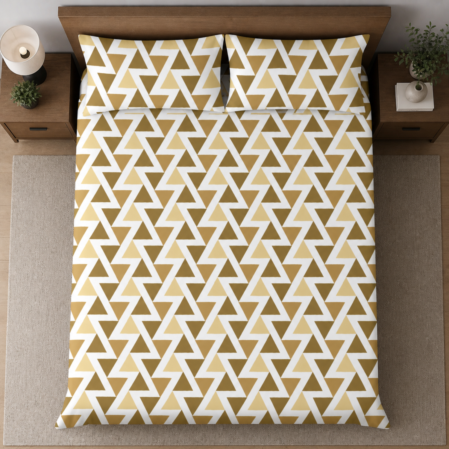 Aroha Gold Geometric Printed Double Bedsheet with 2 Pillow Covers