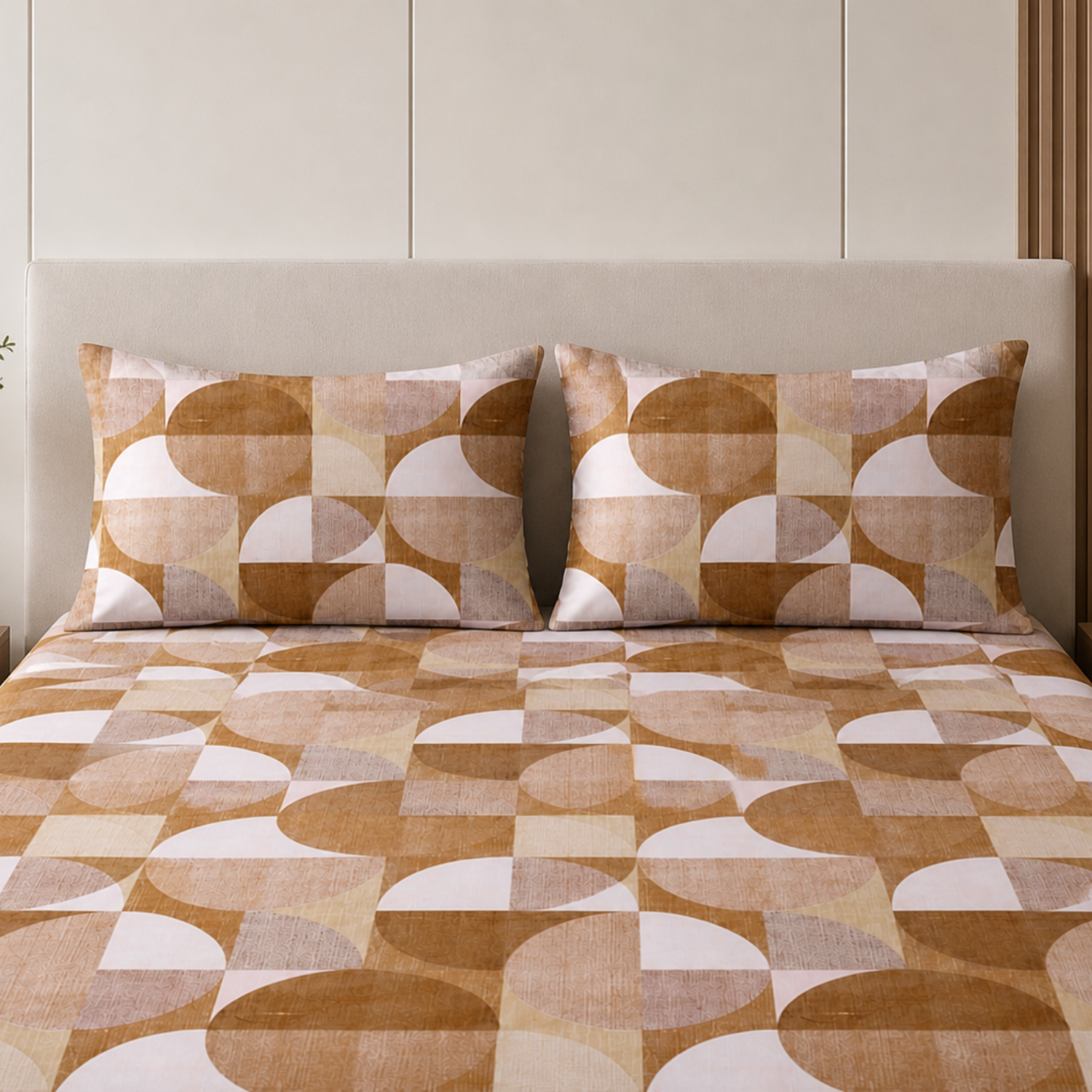Komfy Premium Geometric Printed Double Bedsheet with 2 Pillow Covers – Brown & Beige Modern Design
