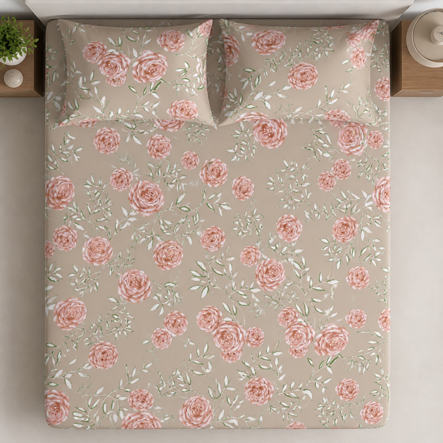 Komfy Elegant Beige Floral Double Bedsheet with Pillow Covers