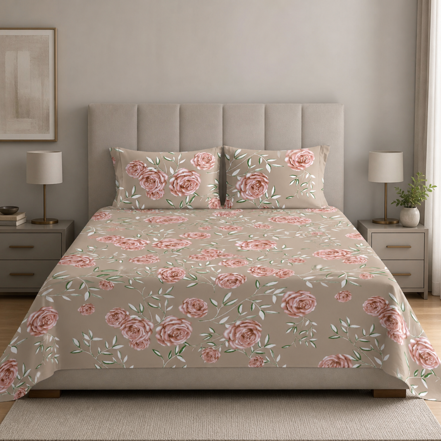 Komfy Elegant Beige Floral Double Bedsheet with Pillow Covers