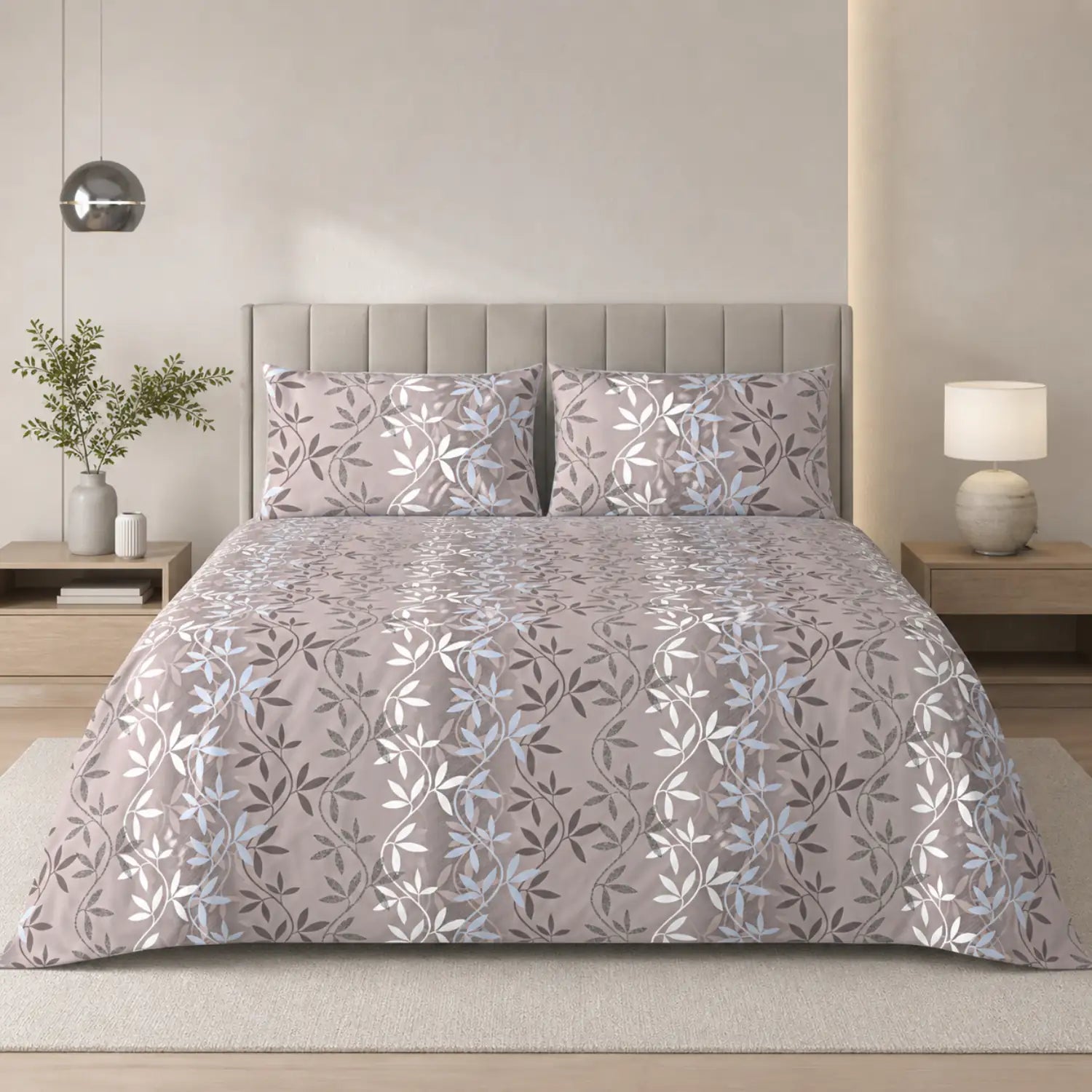 Aroha Mauve Leaf Printed Double Bedsheet with 2 Pillow Covers