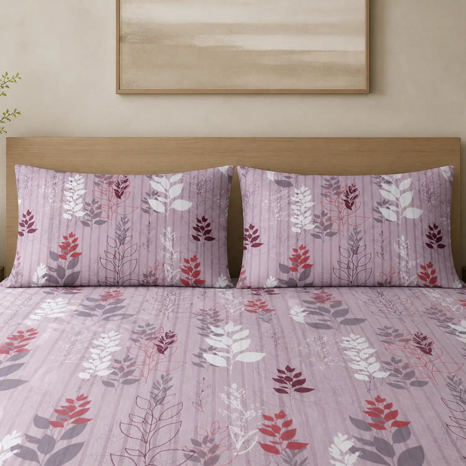 Nivra Lavender Floral Printed Double Bedsheet with 2 Pillow Covers – Elegant Leaf Pattern
