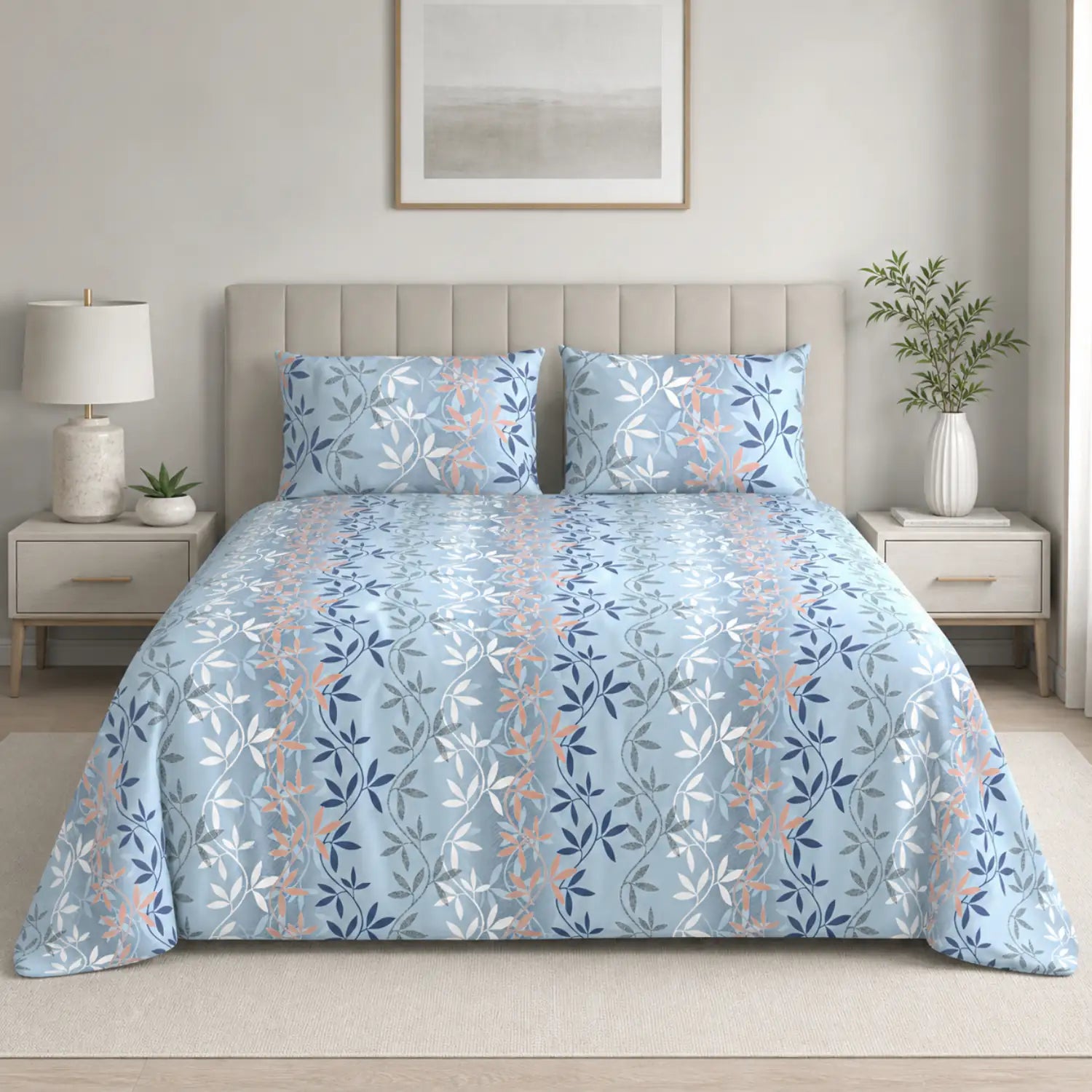 Aroha Sky Blue Floral Double Bedsheet with Pillow Covers-2