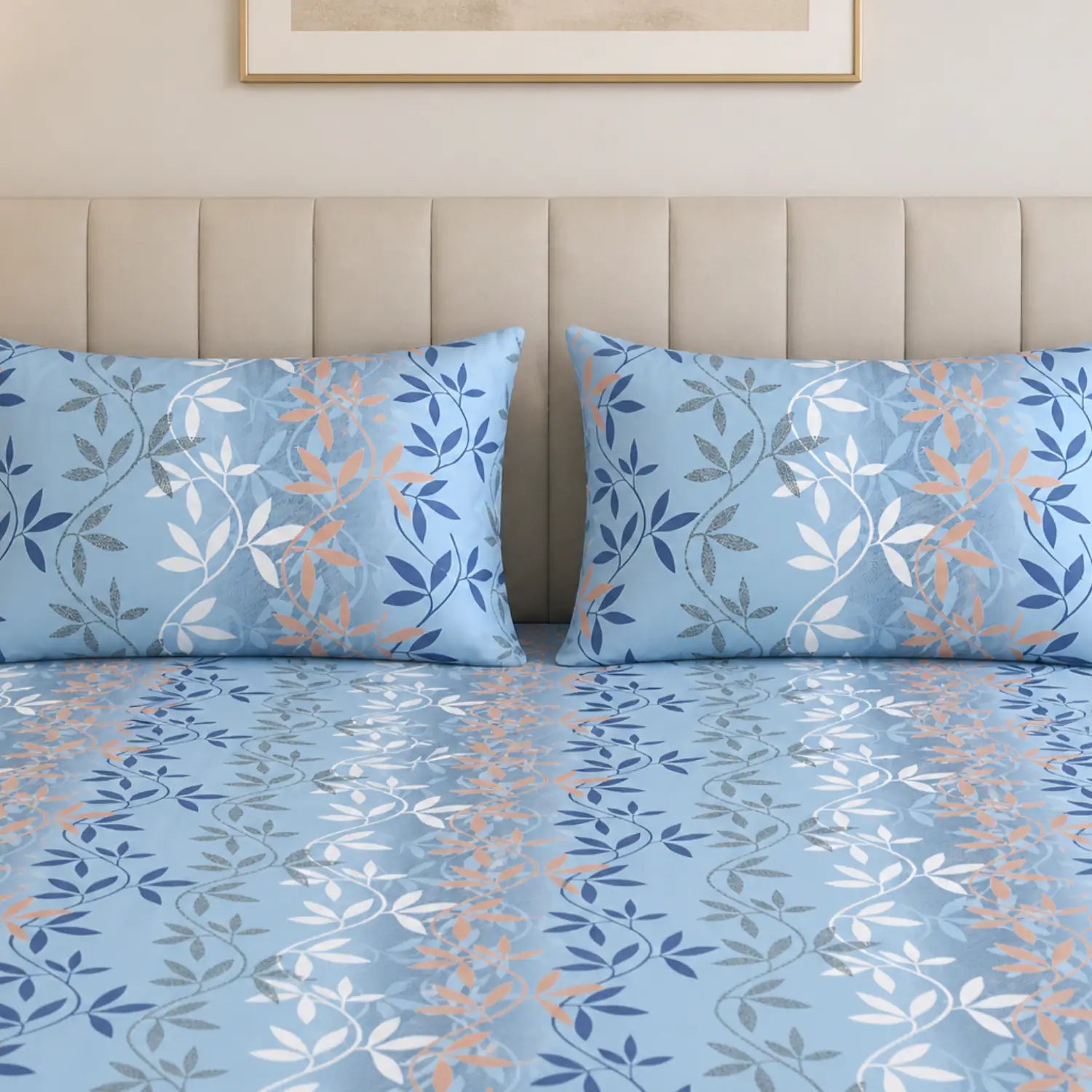 Aroha Sky Blue Floral Double Bedsheet with Pillow Covers-3